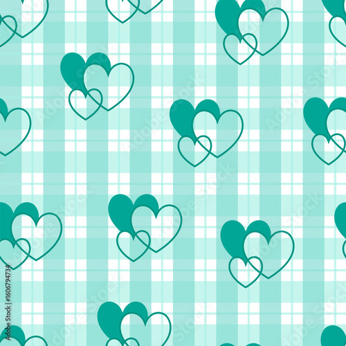 Seamless Heart Pattern on Mint Plaid Background