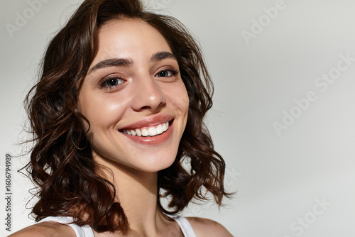 Εκτύπωση καμβά Beautiful young woman poses elegantly in studio with stunning makeup and joyful