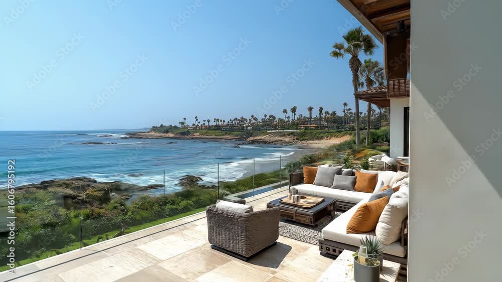 Coastal patio with ocean view, lounge furniture, and clear skies
