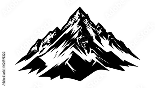 A dramatic photograph showcasing jagged mountain peaks in black and white. Ideal for outdoor, adventure, and nature themed design projects.