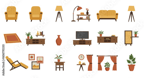 Living room furniture flat icons set in natural tones, 15 items, no text