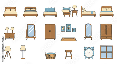 Bedroom furniture vector icons set, flat style, 15 pieces