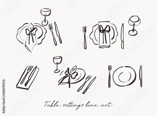 Table settings line art drawings, menu and invitation graphic elements