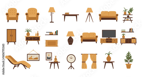 Living room furniture flat icons set in natural tones, 15 items, no text
