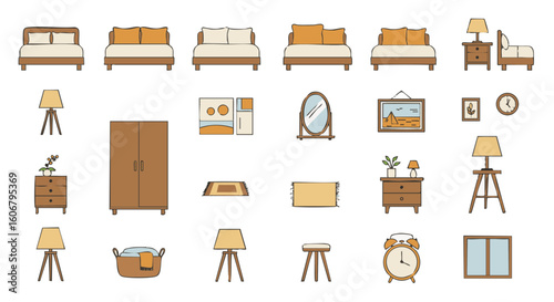 Bedroom furniture vector icons set, flat style, 15 pieces