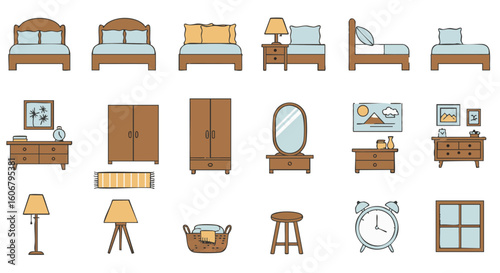 Bedroom furniture vector icons set, flat style, 15 pieces