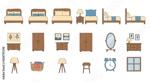 Bedroom furniture vector icons set, flat style, 15 pieces