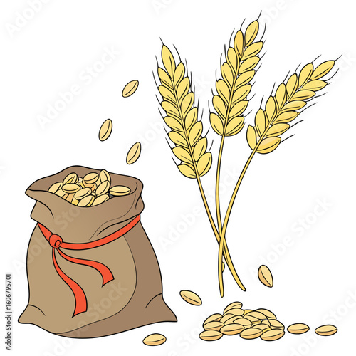 A burlap sack overflows with golden wheat grains, with stalks of wheat and scattered grains completing the harvest scene