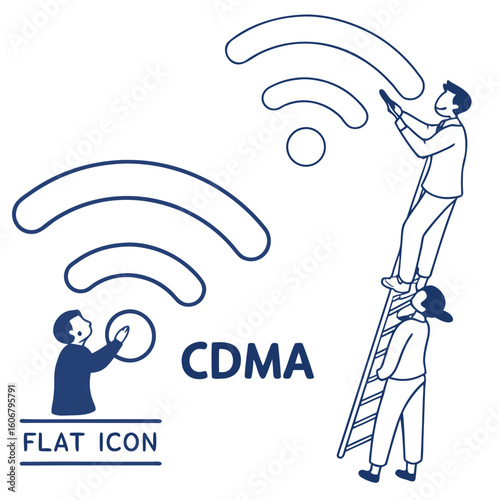 People work together using ladders to set up and connect to a cdma wireless signal, symbolizing network technology and communication