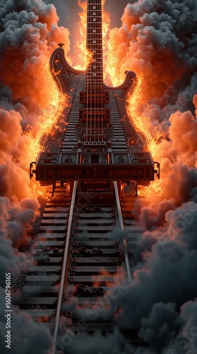 An electric guitar engulfed in flames positioned on a railroad track, amid billowing smoke