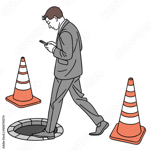 A businessman engrossed in his smartphone walks towards an open manhole, narrowly missing it due to surrounding traffic cones