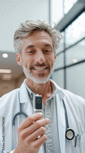 A smiling doctor holding a medical device