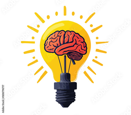Flat vector illustration of a smart-themed icon combining a glowing yellow lightbulb and a stylized red-orange human brain inside it.