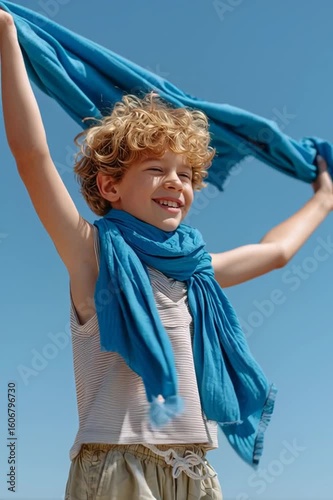 A young boy with curly hair and a blue scarf is enjoying a sunny day, arms raised