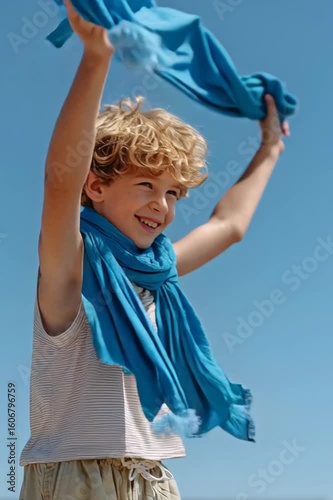A cheerful young boy with curly hair playfully holds up a vibrant blue scarf against a bright blue sky