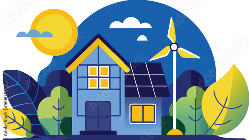 Modern home powered by solar and wind energy surrounded by nature