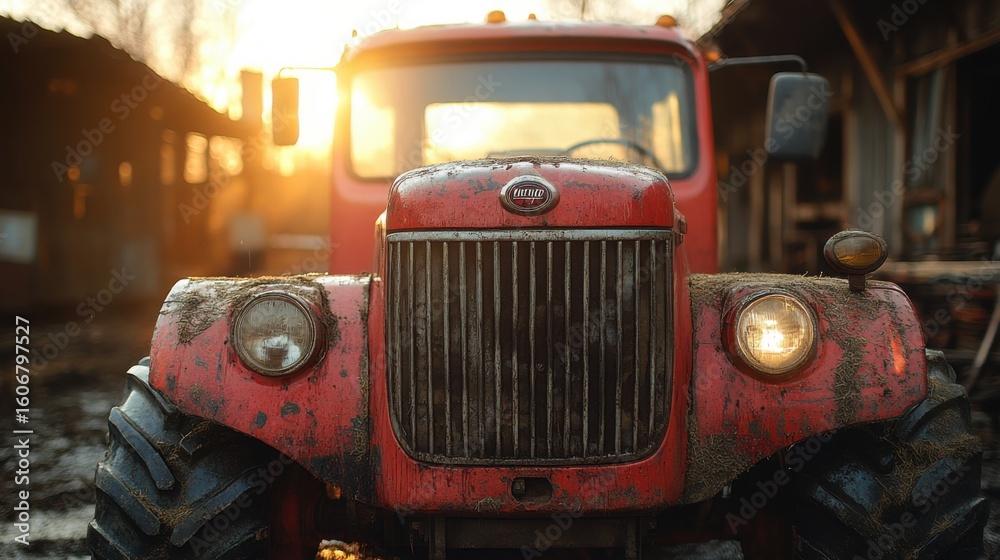 Fototapeta premium Red Tractor Front View, Close Up