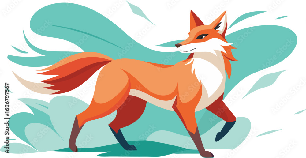 Obraz premium Stylized orange fox walking with a flowing tail against a teal background