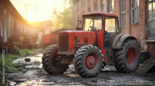 Red Tractor on Muddy Roadway near Buildings