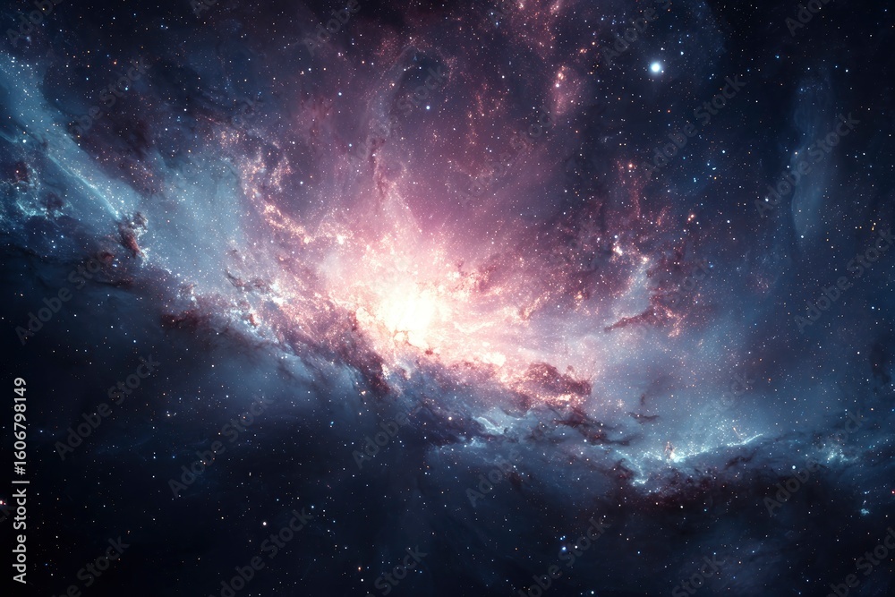 Fototapeta premium A vibrant nebula with a central bright light surrounded by cosmic dust and numerous stars