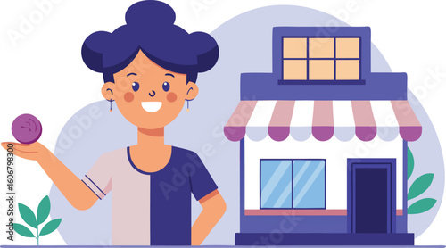 Woman holding coin in front of small business shop