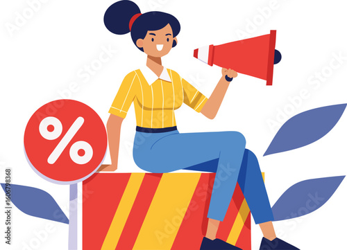 Woman with megaphone announces sale and percentage discount