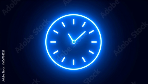 Neon blue clock face on dark background