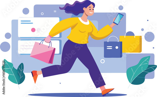 Woman with shopping bags and phone running with excitement