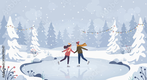 A romantic couple ice skating on a frozen lake in a snowy winter forest with festive lights.