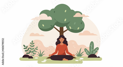 Woman meditating in lotus pose under a tree. Flat vector illustration concept for mindfulness, relaxation, and mental health.