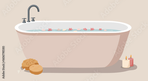 Relaxing home spa scene with a bathtub, floating flower petals, and glowing candles