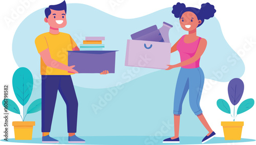 Young man and woman carrying boxes with belongings and plants