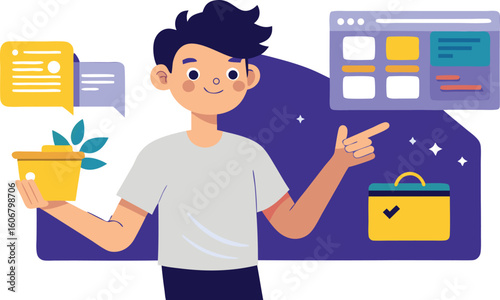Young man with plant and briefcase pointing at website design