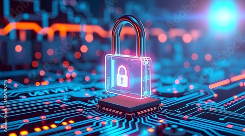 Cybersecurity Lock — Digital Padlock over Futuristic Network Circuit