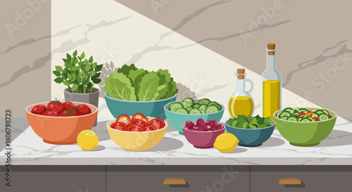 Colorful bowls of fresh salad ingredients like fruit and vegetables on a kitchen counter