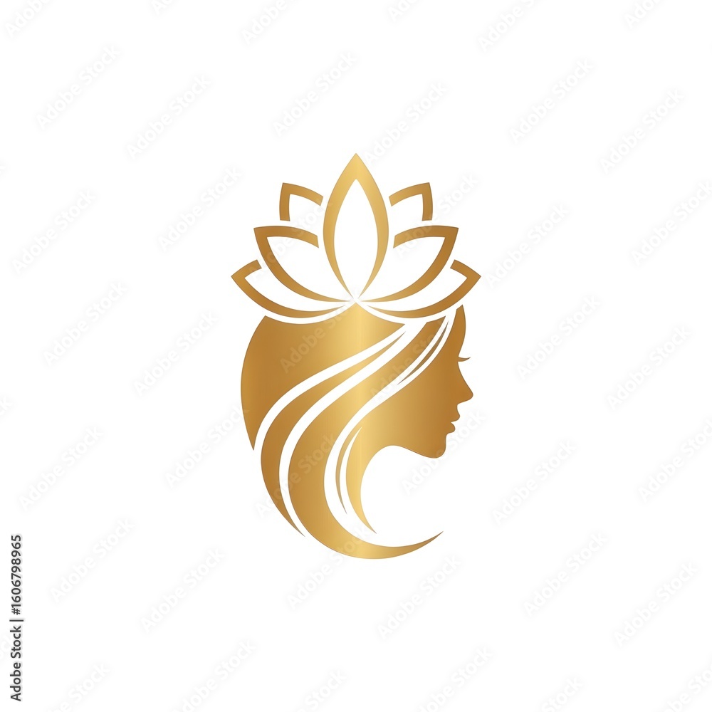 Obraz premium Elegant Gold Woman Silhouette Logo with Flower for Beauty Salon and Spa