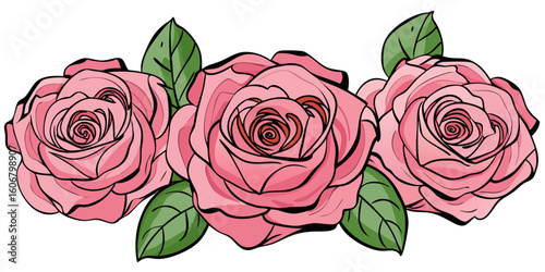 Pink rose with green leaves, a beautiful floral vector illustration on a white background, perfect for themes of love and romance