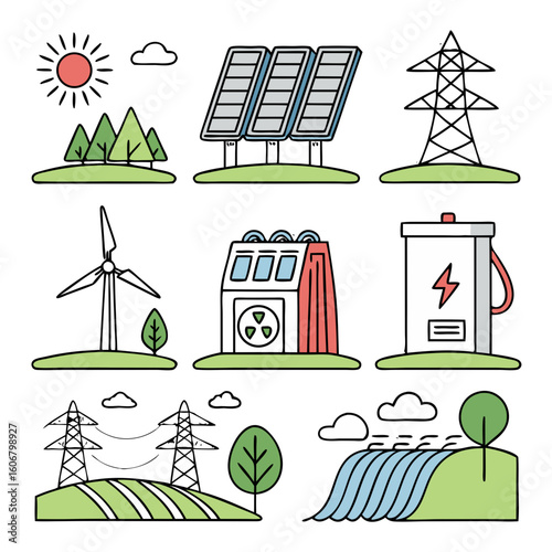 Green Energy Icon Set – Vector Icons Representing Solar, Wind, and Clean Power