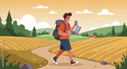 Digital nomad with laptop and phone working remotely while hiking in a rural landscape illustration