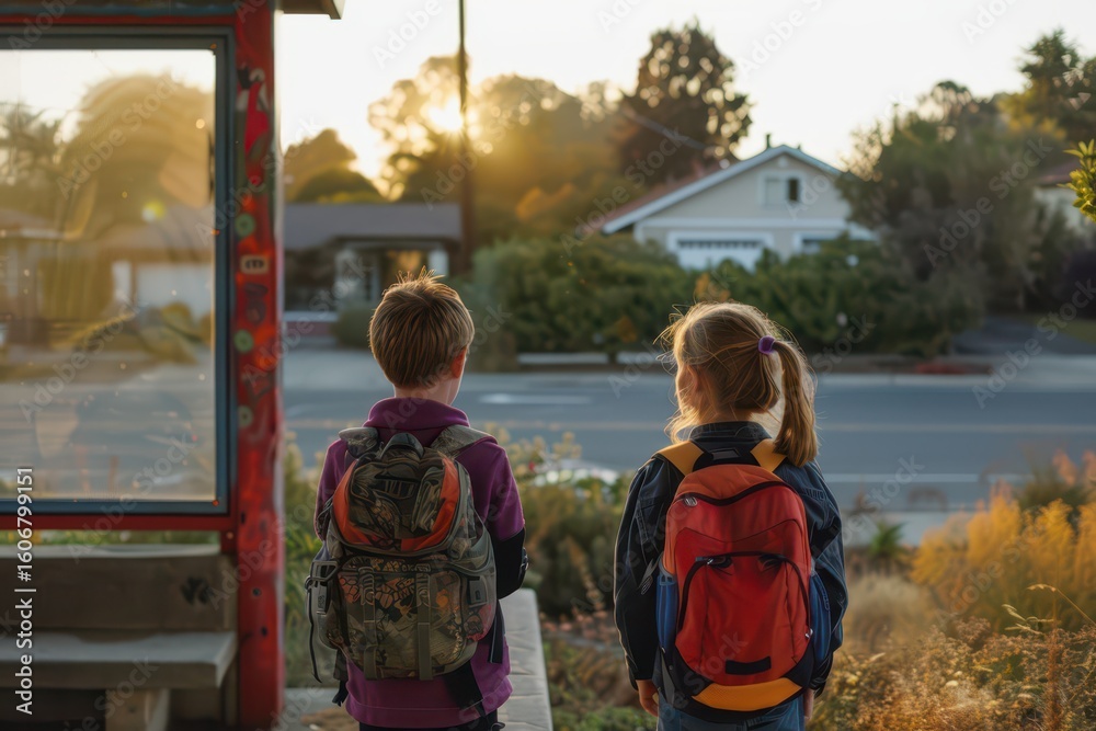 Obraz premium Children with backpacks at sunrise bus stop, embracing new school year journey