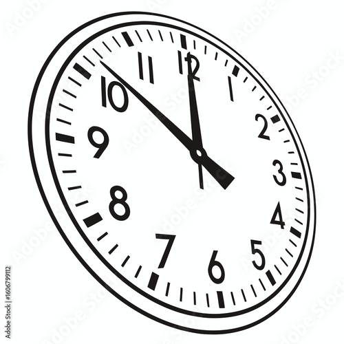 A closeup view of a classic analog clock face, showing the hour and minute hands pointing towards the number ten and one respectively, isolated on a clean white background
