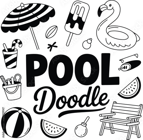 Pool party summer doodle vector design with beach umbrella and flamingo float for kids and adults