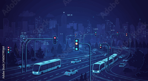 Futuristic smart city with autonomous public transport and an intelligent traffic system at night.