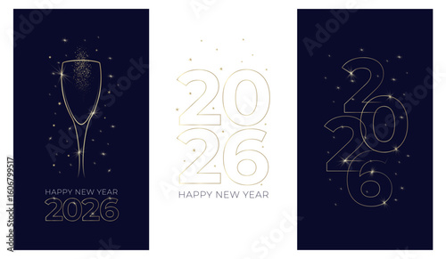 New Year banner or card design with line drawing of sparkling wine glass and number 2026. Minimalist style with golden contour lines. Vector illustration