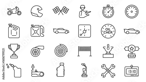 Collection of racing and automotive themed line art icons