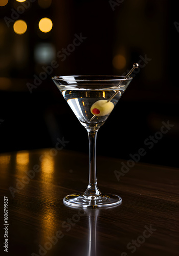 Wallpaper Mural A martini glass filled with clear liquid and garnished with a green olive sits on a dark wooden bar top. Elegant cocktail with a dimly lit background. Torontodigital.ca