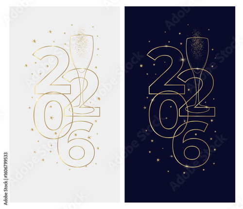 New Year banner or card design with line drawing of sparkling wine glass and number 2026. Minimalist style with golden contour lines. Vector illustration