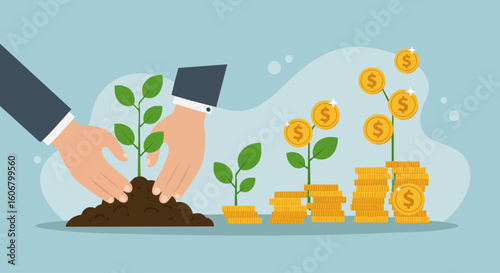Financial investment growth concept showing hands planting a sapling and a money tree growing.