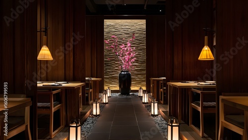 The interior of a japanese restaurant features wooden tables and chairs, soft lighting, and a serene ambiance
