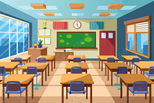 Empty school classroom. Back to school concept. Vector flat cartoon graphic design illustration